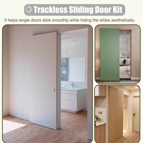 Concealed Trackless Sliding Door Kit With Soft Close, black mirrored hardware, 24-60 inch interior doors installed view.