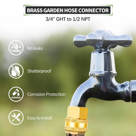 Brass garden hose connector 3/4" GHT to 1/2" NPT attached to outdoor faucet, shatterproof and corrosion protection features visible.