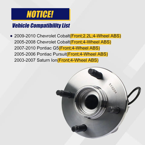 Two Pcs Front Wheel Bearing And Hub Assembly Replaces Chevrolet Cobalt 2005 To 2010 Pontiac G5 Pursuit vehicle compatibility reference.