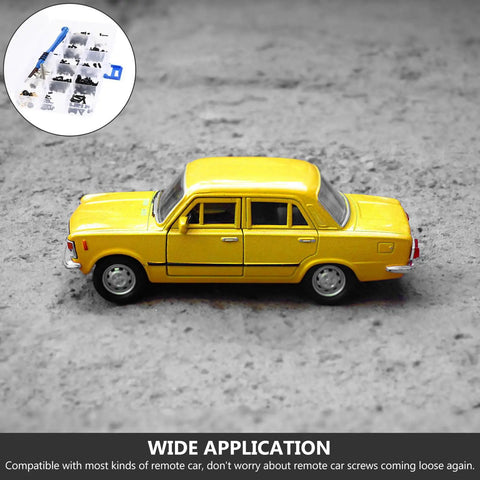 Zero Drama Rc Car Screw Repair Kit With Super Tough Storage Case Rust Proof Mini Fasteners For Remote Control Hobbyists next to a yellow toy car.
