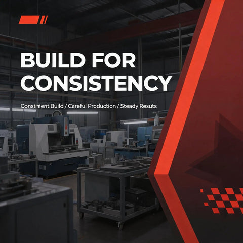 Manufacturing workshop interior highlighting equipment with text 'Build for Consistency', focused on precision production.