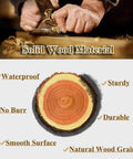 Solid wood material being crafted, showcasing waterproof, sturdy, and durable qualities with natural wood grain.