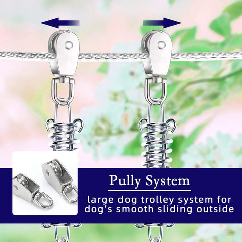 Heavy Duty Dog Tether Zipline Trolley Rig With 50 Foot Vinyl Covered Cable And 10 Foot Smooth Ride Pulley for large dog pulley system