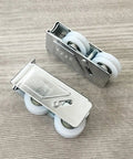 Premium Two Piece Aluminum Double Wheel Roller Hardware Featuring Slick Nylon Glide Pulleys and Sturdy Lock Blocks for smooth sliding.