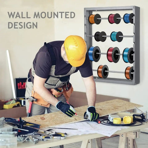 Wall Mounted Wire Spool Rack with Four Adjustable Rods in workshop, heavy duty steel cable dispenser for neat storage.