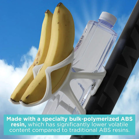 Premium Abs 3D Printer Filament 1.75mm Grey 5kg Spool in a bike holder with bananas and water bottle against a blue sky.