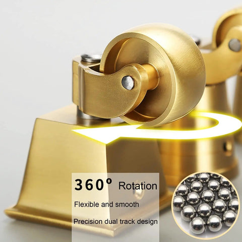 Close-up of Top Shelf Solid Brass Casters delivering three sixty degree swivel grace with polished gold finish.