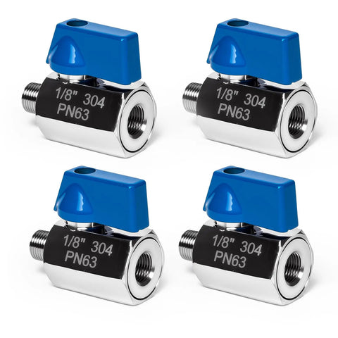 Four Pack 1/2 NPT Mini Ball Valves In 304 Stainless Steel, durable shutoff valves with blue handle, female to male threads