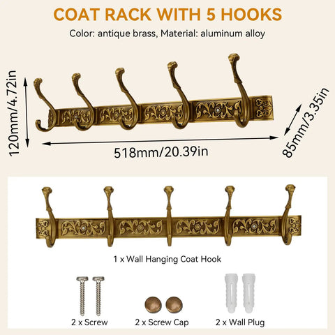 Space Saving Wall Mount Coat Rack With 5 Hooks And Key Holder, Vintage Aluminum Wall Mounted Rack for easy organization