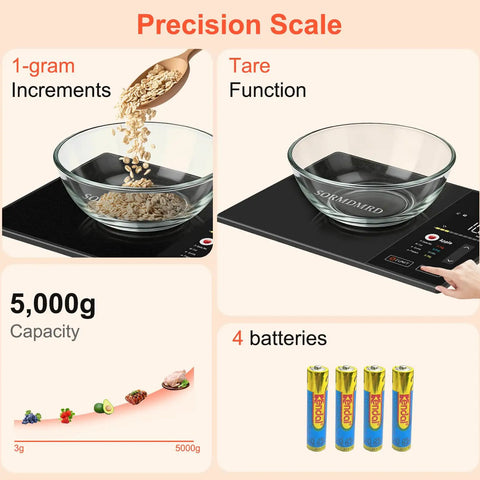Kitchen Food Scale With Nutritional Calculator And Calorie Fat Carbs Protein Tracker showcasing tare function and 5000g capacity