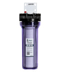 Hella Solid Whole House Sediment Filter System For Crystal Clear Water with transparent housing and 3/4 inch ports.