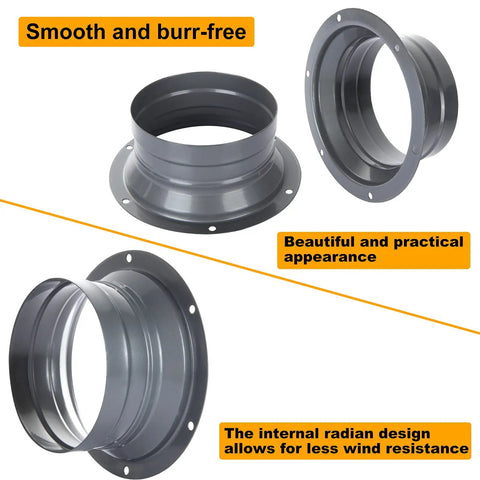 4 Pack 4 Inch Duct Connector Flanges Inlet Fittings Metal Straight Pipe Ventilation Flanges For Heating And Cooling HVAC System Heavy Duty Durable Iron Silvery Gray Finish Easy Install shown from various angles highlighting smooth, burr-free finish and internal design for wind resistance