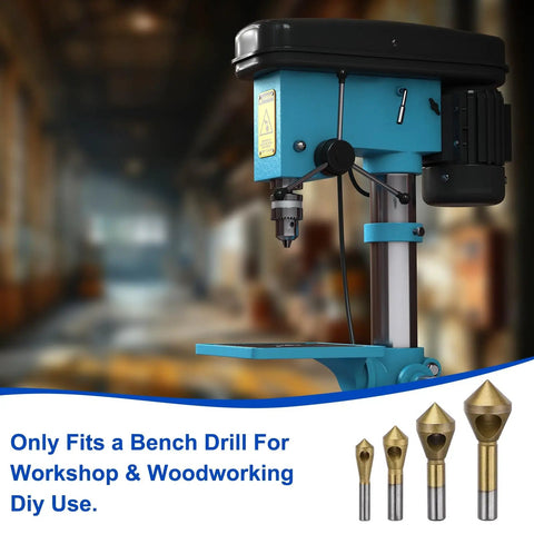 Badass Heavy Duty Titanium Countersink Drill Bit Set With Precision Chamfer Cone Tools For Metal Woodworking Bevel Grinding 4 Piece 2 To 20mm Range Pro Shop Ready Machining Kit on a bench drill.