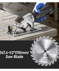 Professional Handheld Electric Circular Saw Featuring Quick Set Cutting Guide And High Torque Copper Motor Slams Right Through Plywood Tile And Plastic Pipes With Dead Steady 3500 Rpm Speed, detailed view of saw blade and tool in use.