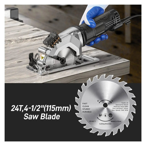 Professional Handheld Electric Circular Saw Featuring Quick Set Cutting Guide And High Torque Copper Motor Slams Right Through Plywood Tile And Plastic Pipes With Dead Steady 3500 Rpm Speed, detailed view of saw blade and tool in use.