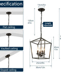 Diagram showing Four Light Black Farmhouse Chandelier With Industrial Metal Cage Adjustable Height Rustic Hanging Light dimensions on flat, vaulted, and sloped ceilings.