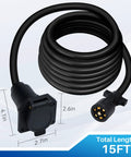 Heavy Duty 7 Way Trailer Plug Extension Cord 15 Foot With Pure Copper Conductors and Rock Solid 7 Pin RV Connector Cable, coiled.