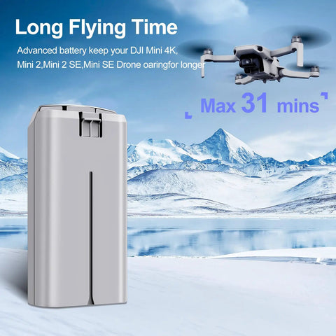 2 Pack Mini 2 Series Intelligent Flight Batteries 2400mAh Upgrade shown with drone over snowy landscape