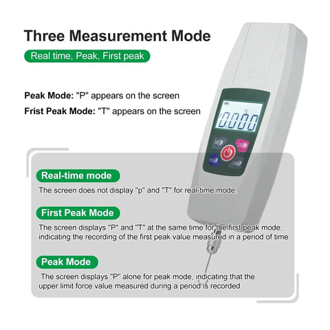 Top Shelf Professional Digital Force Gauge Push Pull Tester Meter With Peak Hold Feature showing measurement modes and digital display.