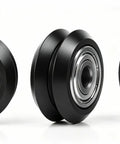 Heavy Duty V Slot Wheels 12 Pack With 625ZZ Bearings showing three angles of 24mm black wheels with silver inner bearing.