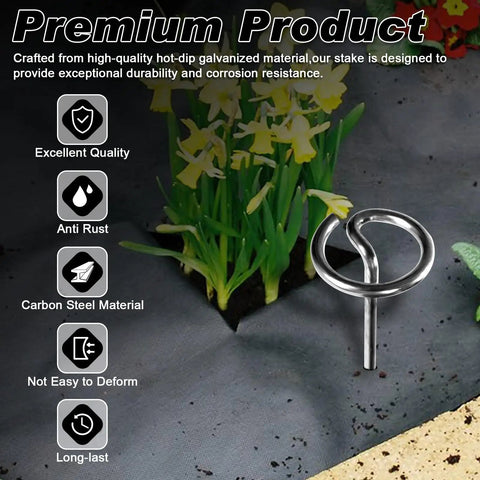 Heavy Duty Landscape Staples 120 Pack 8 Gauge 6 Inch Galvanized Garden Stakes Sod Pins For Plant Cover Tent Weed Barrier Fabric Turf And Outdoor Decor displayed on a garden fabric with text highlighting features like excellent quality and anti-rust properties.