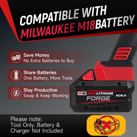 Heavy Duty Brushless Cordless Angle Grinder 4 1/2 Inch With 10000 Rpm Motor Built For Tough Cuts And Grinds Crush It On Any Project Compatible With M18 Battery logo detail and battery compatibility information.