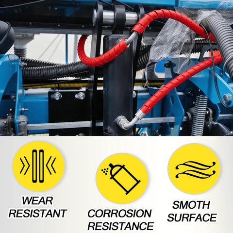 Heavy Duty Spiral Hose Wrap Protector Cover For Hydraulic Lines Half Inch Hdpe Cable Guard Sleeve Oil Heat Uv Abrasion Resistant Shield Twenty Five Foot Red Armor Built Like Tank For Kick Ass Protection on hydraulic lines in machinery.