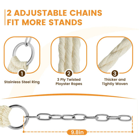 Stainless steel ring and 3-ply twisted polyester ropes detail for 12Ft Quilted Double Hammock With Spreader Bars And Detachable Pillow