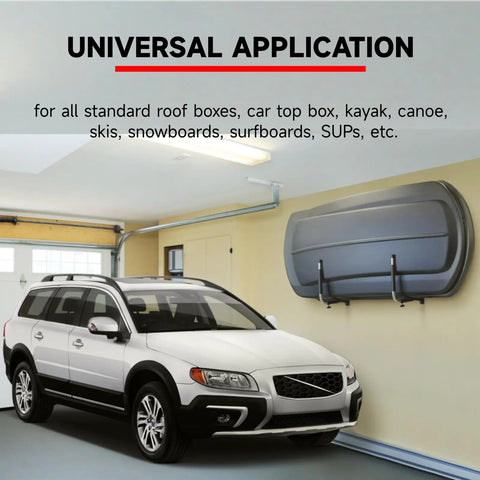 Heavy Duty Universal Roof Box Wall Mount Pair Offering Rock Solid Grip And Quick Fold Mechanism With Cushioned Foam Sleeves For Hassle Free Rig Customization Perfect For Kayaks Skis, mounted in garage.