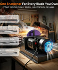Badass Bench Mower Blade Sharpener With Slick Ceramic Grinding Wheel And Rock Solid 750 Watt Motor For High Low Lift Flat And Gator Blades in use sharpening mower blades.