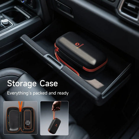 Cordless Tire Inflator Portable Air Compressor With 12000mAh Battery in storage case in car glove compartment
