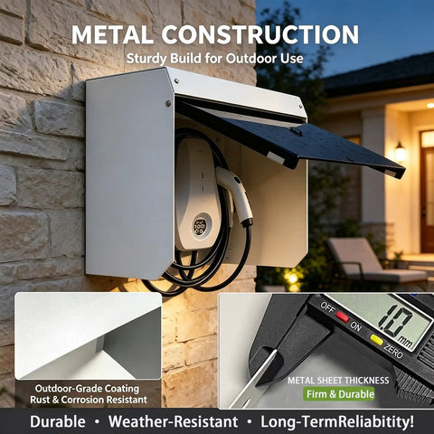 Built Different Outdoor EV Charger Enclosure Top Shelf Waterproof Rain Snow UV Guard wall-mounted storage with outlet protection.