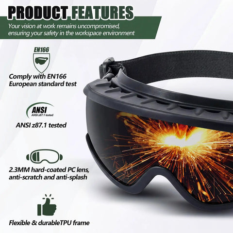 Built Tough Welding Goggles With Shade 8 Infrared Lens And 180 Degree Wide View Angle For Crystal Clear Focus And No Sweat Comfort During Heavy Duty Job Site Grind featuring flexible TPU frame and anti-splash lens.