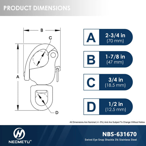 Diagram of Heavy Duty 316 Stainless Steel Snap Shackle With Quick Release Carabiner dimensions indicating sizes A through D.