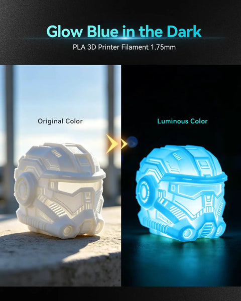 Glow In The Dark PLA Filament 1.75mm 4 Pack Bundle For 3D Printing showing original and luminous blue helmet design.