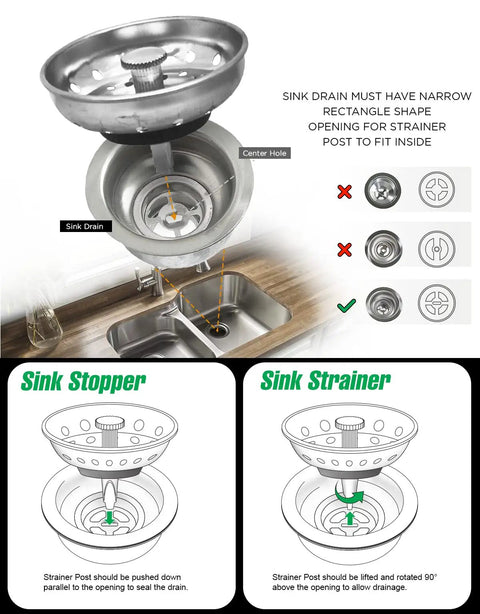 Kitchen Sink Basket Strainer Replacement For Standard Drains 3.25 Inch Chrome Plated Stainless Steel With Rubber Stopper built to last