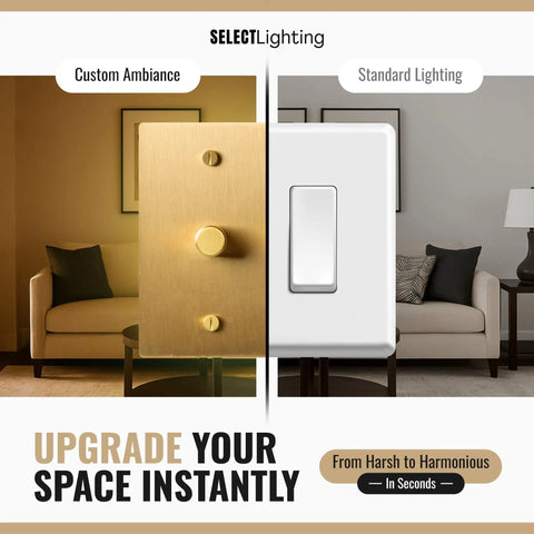 Solid Brass Rotary Dimmer Switch Smoother Than Butter Rotation Sleek Satin Finish For Home Decor showing custom ambiance lighting.