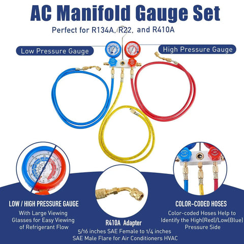 3.6 CFM AC Vacuum Pump And Gauge Set For R410A Refrigerants Home Mini Split Kit with color-coded hoses and R410A adapter