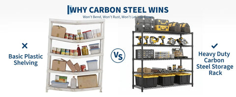 Comparison of basic plastic shelving and Tough As Nails Rock Solid Heavy Duty Metal Storage Rack Five Tier Wire Shelf.