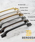 Brushed Gold Cabinet Hardware Three Inch Center To Center Drawer Pulls Ten Pack Heavy Duty Solid Metal Kitchen Bath Cabinet Handles Dang Nice Home Refresh Fix Up in multiple finishes on a marble background.