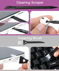2 Pack Screen Cleaner Kit For Laptops Phones Tablets And Cars With 10ml Spray Dual Cleaning Sprays Microfiber Cloth On Face Soft Cleaning Pen For AirPods And Ports Keyboard Brush Portable All In One Cleaning Set showing cleaning scraper and brush in use on phone and keyboard.