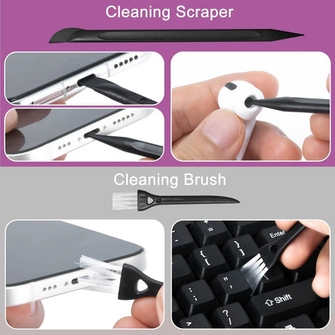 2 Pack Screen Cleaner Kit For Laptops Phones Tablets And Cars With 10ml Spray Dual Cleaning Sprays Microfiber Cloth On Face Soft Cleaning Pen For AirPods And Ports Keyboard Brush Portable All In One Cleaning Set showing cleaning scraper and brush in use on phone and keyboard.