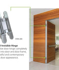 Concealed 3D Adjustable Invisible Hinge Set Of Two Up To 352 Lbs Per Door Satin Chrome For Frameless Doors 180 Degree Opening displayed with door.
