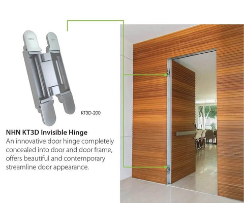 Concealed 3D Adjustable Invisible Hinge Set Of Two Up To 352 Lbs Per Door Satin Chrome For Frameless Doors 180 Degree Opening displayed with door.
