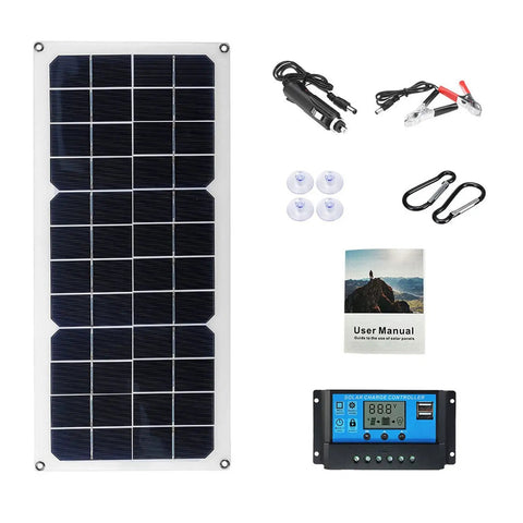 100W Semi Flexible Monocrystalline Solar Panel USB Output For Off-Grid Power with accessories including charge controller and cables