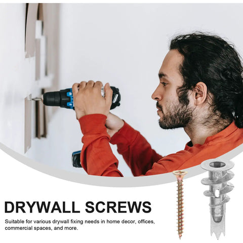 Man using drill with Heavy Duty Drywall Anchors And Screws Kit for a rock solid fix in offices and commercial spaces
