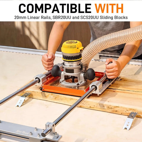 Heavy Duty Linear Rail Router Sled Slide Connector Adapter Plate With Integrated Dust Collection Port For Sbr20uu Scs20uu in use with router.