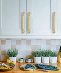 10 Pack 5 Inch Hole Center Brushed Gold Cabinet Pulls on white cabinets in modern kitchen with greenery and cookware.