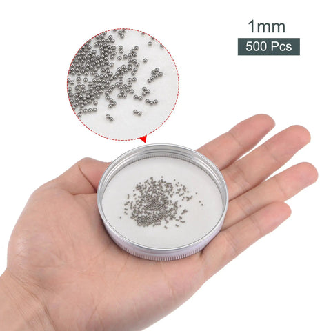 Top Shelf 304 Stainless Steel Precision Bearing Balls Set Featuring Grade G25 Tolerance with 1mm size, 500 pcs in hand.