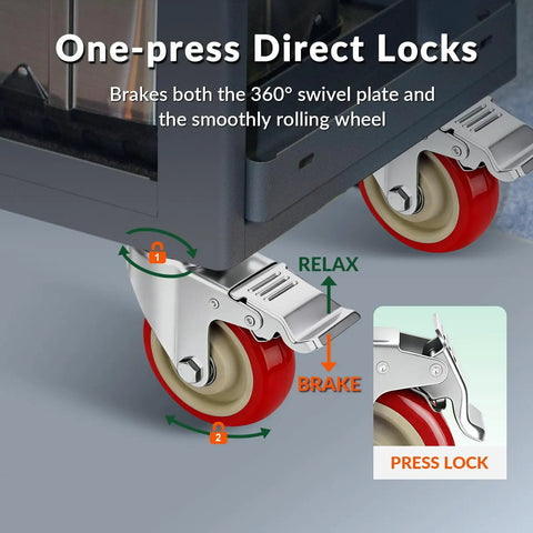 Beast Mode 4 Inch Polyurethane Caster Wheels With Dual Brake And Double Bearings Roll Slick As Silk On Workshop Floors Heavy Duty Replacement Casters For Mobile Carts And Tool Racks with locking mechanism